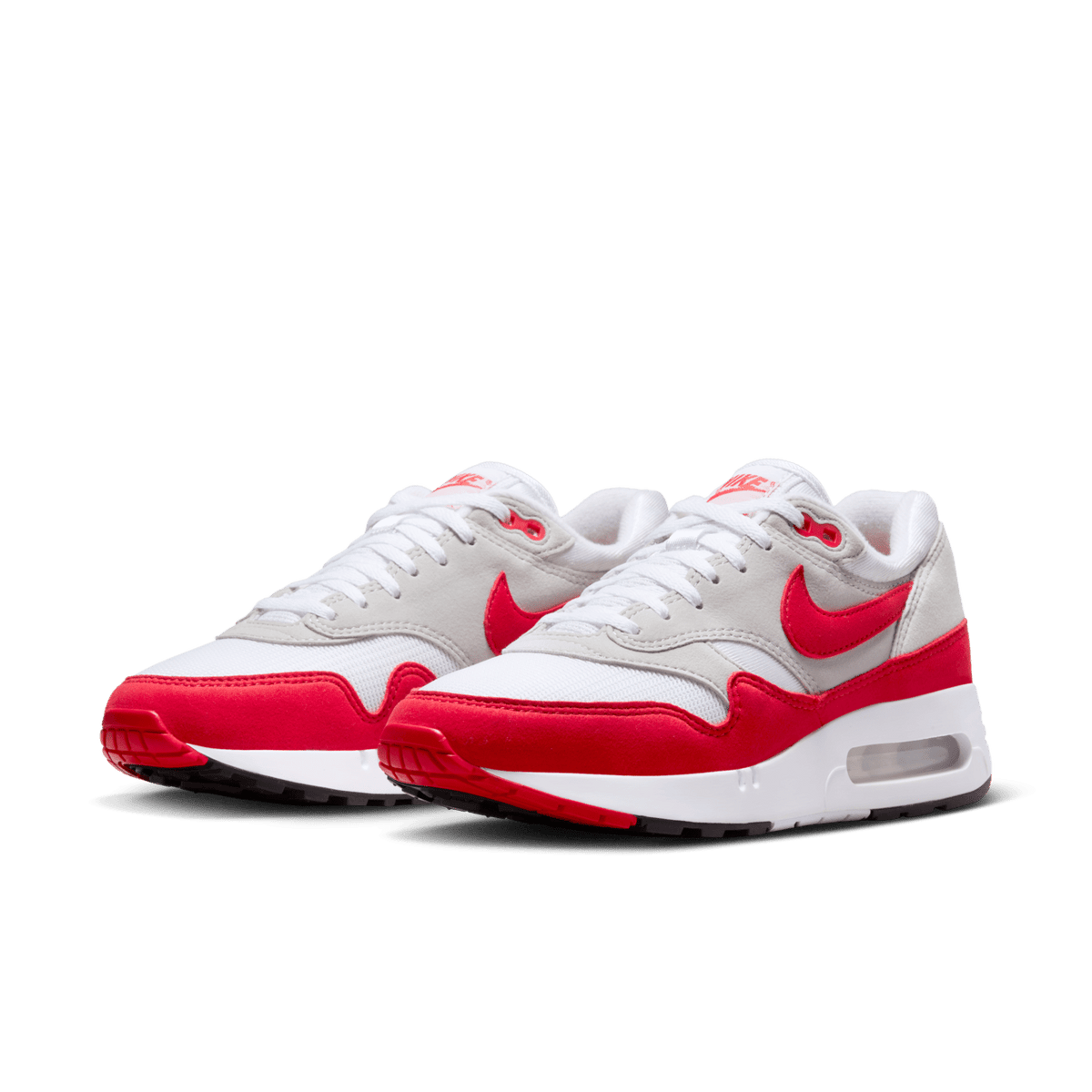AM1 Big Bubble Sport Red - White / University Red / Light Neutral Grey - three-quarter pair view