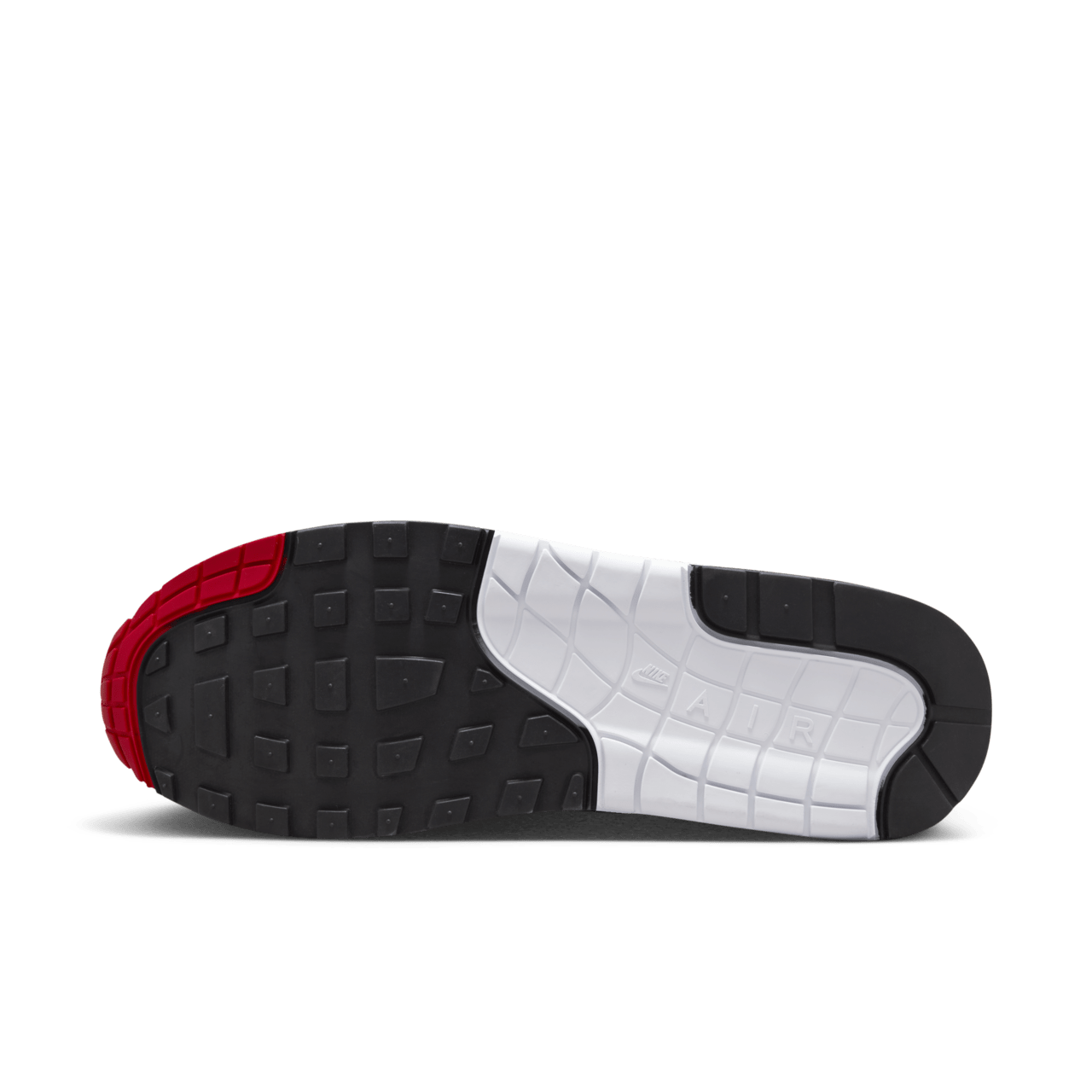 AM1 Big Bubble Dark Obsidian University Red outsole view