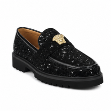 Black Mosaic Crest Lug Loafers - Black - front three-quarter view