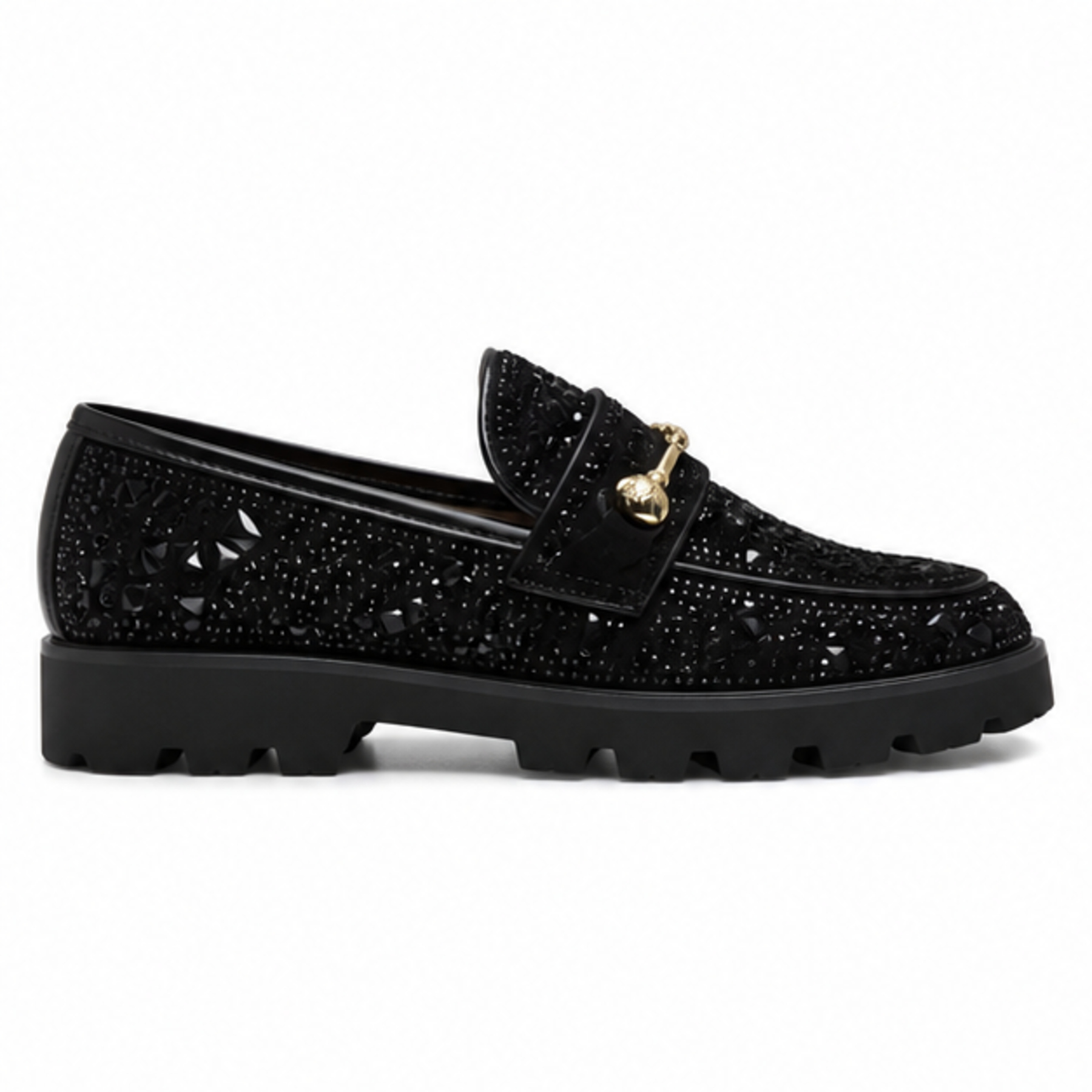Black Mosaic Horsebit Lug Loafers - Black - lateral side view