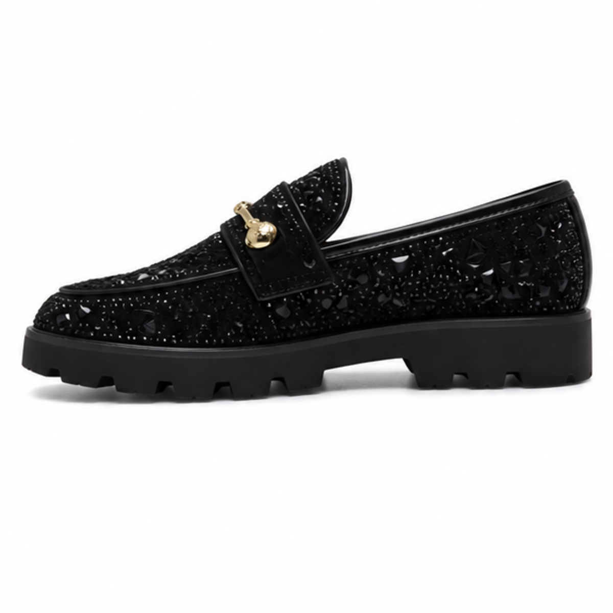 Black Mosaic Horsebit Lug Loafers - Black - medial side view