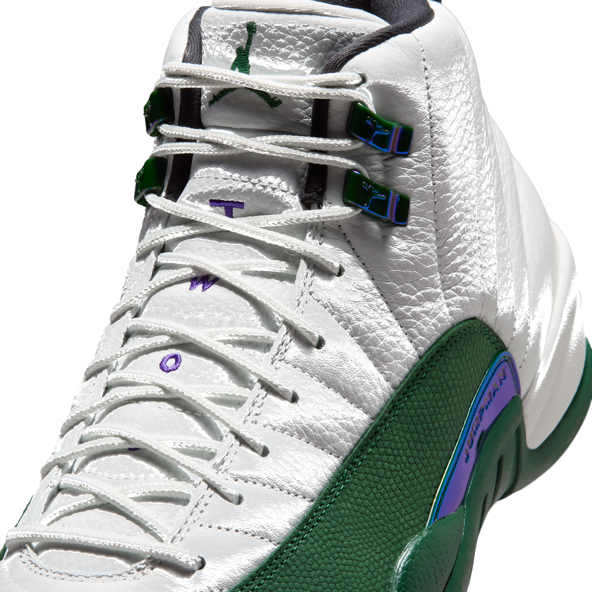 AJ 12 Retro Idols Become Rivals - Summit White Gorge Green - Summit White / Fierce Purple / Gorge Green - tongue and upper detail
