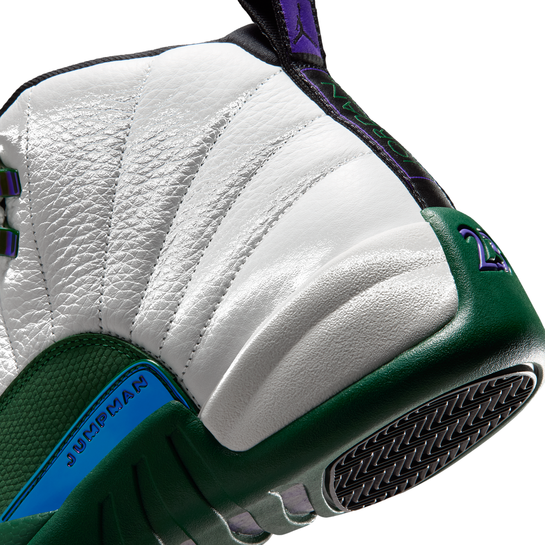 AJ 12 Retro Idols Become Rivals - Summit White Gorge Green - Summit White / Fierce Purple / Gorge Green - heel and outsole detail